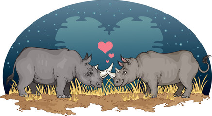 Two rhinos falling in love under a heart-shaped moon in Africa