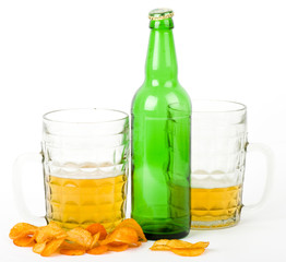 Beer green bottle and glass isolated on a white