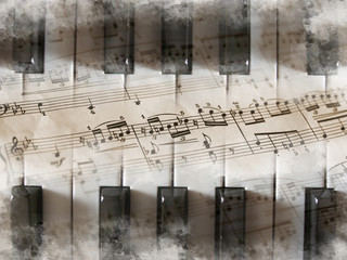 Piano, teclas, partitura, notas musicales