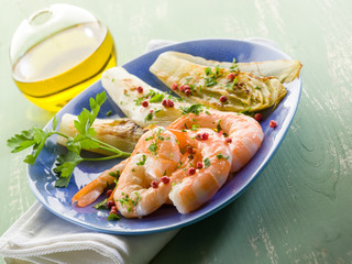 appetizer with shrimp and grilled endive salad