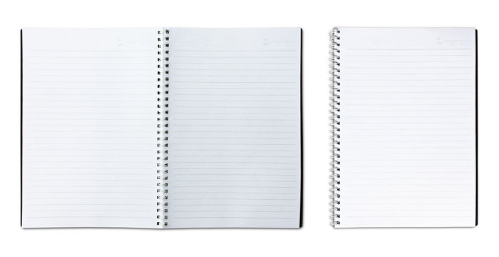 single and two page blank notebook on white background