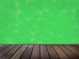 Raum mit grüner Ziegelwand (Wischtechnik) und Holzfußboden