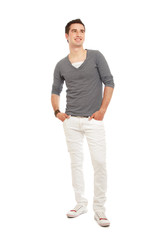 Fototapeta premium A handsome man looking up isolated on white background