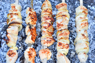 shish kebab on skewers and hot coals