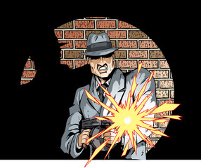 Comic-Zeichnung eines Gangsters mit einer Tommygun