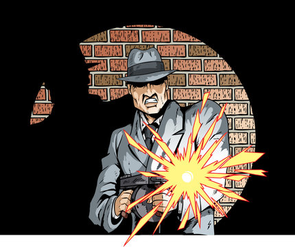 Comic book drawing of a gangster with a tommygun