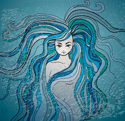 Mermaid / Sketch of Woman with hair like sea waves