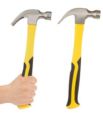 hand holding hammer isolated on white