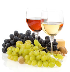 wine in glass and fruit isolated on white