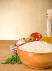 rice and food vegetable with spice on wood