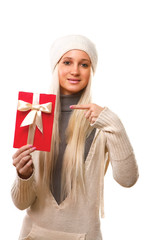 happy girl with gift box over white