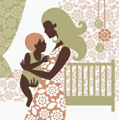 Crédence de cuisine en verre imprimé Femme fleurs Belle silhouette de mère avec bébé dans la chambre des enfants