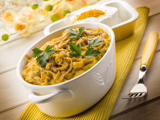 tagliatelle with cheese and curry sauce, healthy food