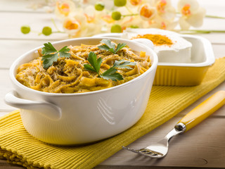tagliatelle with cheese and curry sauce, healthy food