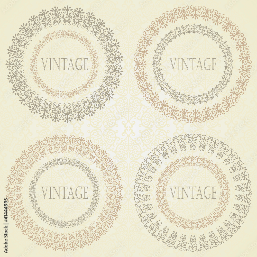 Poster Collection of vintage round frames with a damask wallpaper