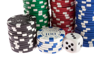 Casino chips, dice and dealer