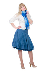 Emotional blonde with a scarf on a neck