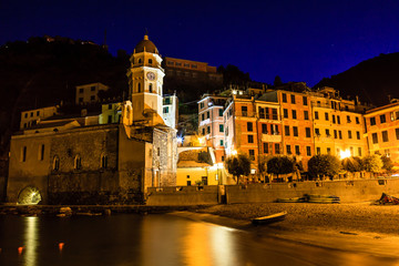 Vernazza Church and the Boat on the Beach at Night in Cinque Ter