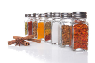 Eight jars of spices