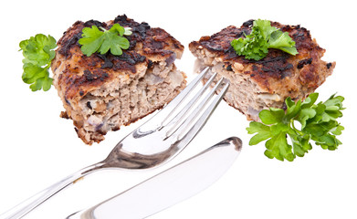 Halved burger isolated on white