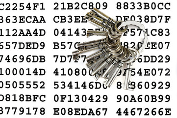 Bunch of silver keys on a sheet with encrypted data