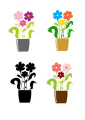 Set of pots with flowers on a white background