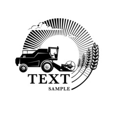 Naklejka premium Combine harvester on a wheat field against sun. Engraving style