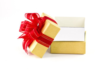 Opened gift box and red ribbon