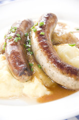 Grobe sausage bratwurst with mashed potatos sauerkraut