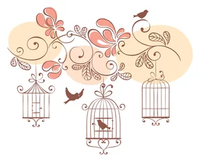 Photo sur Aluminium Oiseaux en cages Fond floral avec des oiseaux