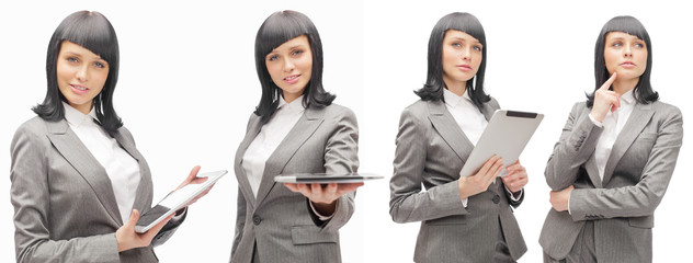 Business woman holding tablet computer isolated