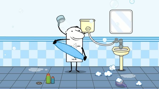 Cartoon Mann im Badezimmer mit Dusche