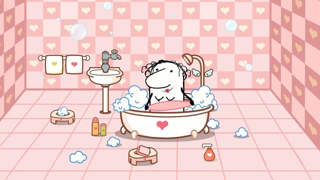 Frau im Badezimmer mit Dusche und Schaum