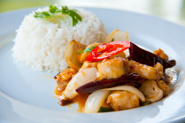Hot rice with fried pork, onion, chili, vegetables and herbs