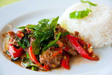 Hot rice with fried pork, onion, chili, vegetables and herbs