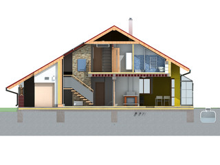 Front view of house in section on white background. - obrazy, fototapety, plakaty
