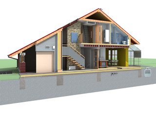 Perspective view of house in the section on white background.