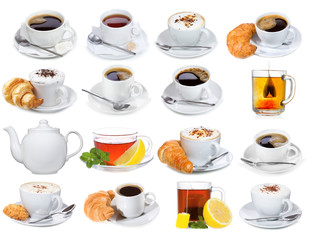 set with different cups of coffee and tea
