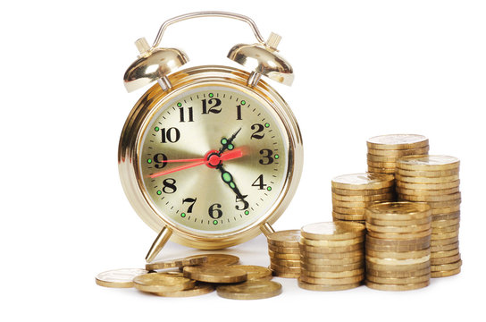 Alarm clock and money isolated on white background