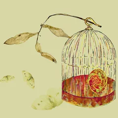 Papier Peint photo Lavable Oiseaux en cages Cage à oiseaux antique un fond avec des pétales antiques