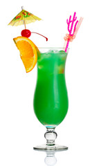 Green alcohol cocktail with orange slice and umbrella isolated