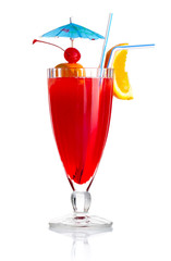 Red alcohol cocktail with orange slice and umbrella isolated