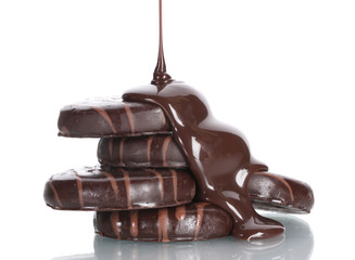 Сhocolate cookies poured chocolate isolated on white