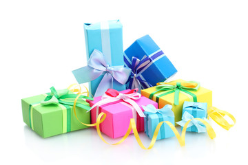 bright gifts with bows isolated on white