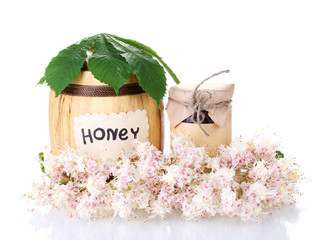 a barrel and a jar of honey and chestnut flowers isolated