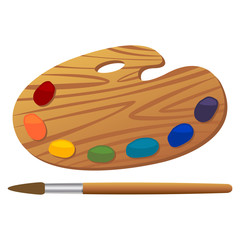 Wooden art palette with paints and brush