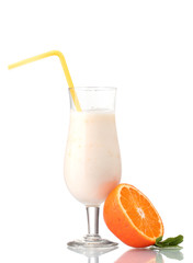 Bunch of bananas and milk cocktail isolated on white