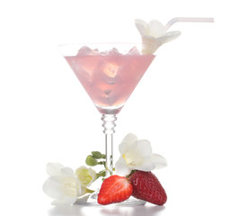 martini glass of cocktail with ice and strawberry isolated