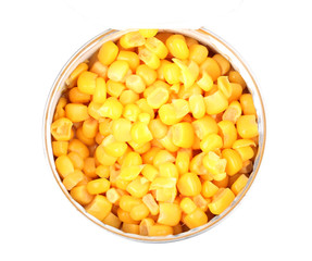 Open tin can of corn close-up isolated on white