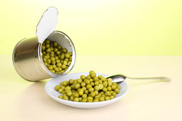 Open tin can and plate with peas and spoon